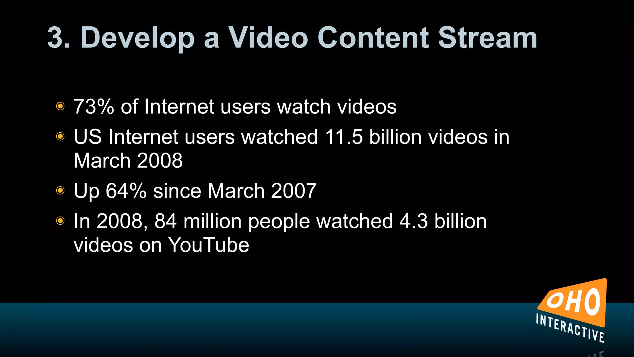3. Develop a Video Content Stream

!   73% of Internet users watch videos
!   US Internet users watched 11.5 billion videos in
    March 2008
!   Up 64% since March 2007
!   In 2008, 84 million people watched 4.3 billion
    videos on YouTube
 