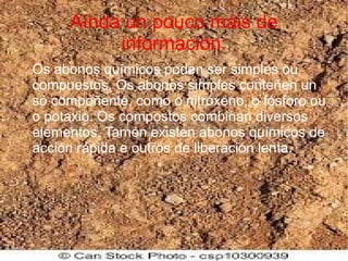 Aínda un pouco máis de
información:
Os abonos químicos poden ser simples ou
compuestos. Os abonos simples conteñen un
só compoñente, como o nitróxeno, o fósforo ou
o potaxio. Os compostos combinan diversos
elementos. Tamén existen abonos químicos de
acción rápida e outros de liberación lenta.
 