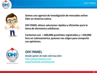 OH! PANEL

Somos una agencia de investigación de mercados online
líder en América Latina.
OH! PANEL ofrece soluciones rápidas y eficientes para la
toma de decisiones cotidianas.
Contamos con + 600,000 panelistas registrados y + 220,000
fans en Latinoamérica, quienes nos eligen para compartir
sus opiniones.

OH! PANEL
Donde opinar de todo está muy bien
http://www.ohpanel.com
www.facebook.com/ohpanel

29

 