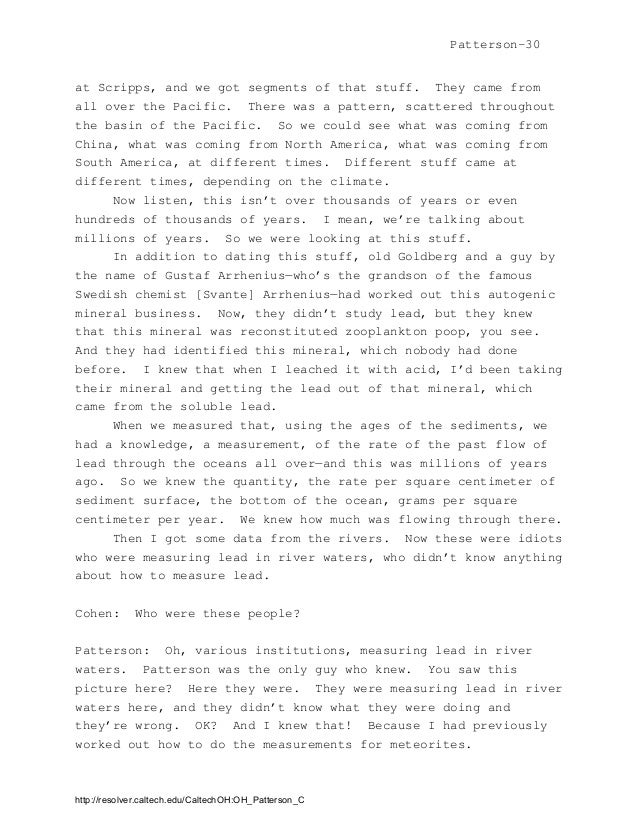 Clair C Patterson 1922 1995 Interviewed By Shirley K Cohen March