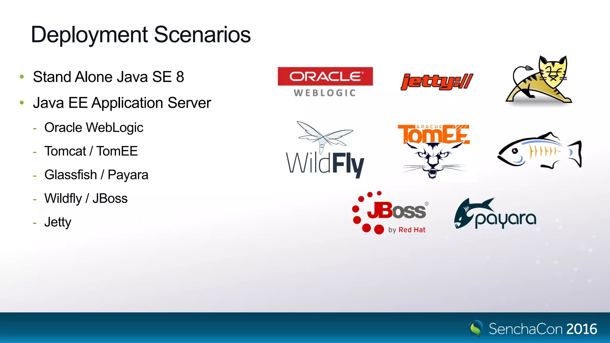 Deployment Scenarios
• Stand Alone Java SE 8
• Java EE Application Server
- Oracle WebLogic
- Tomcat / TomEE
- Glassfish / Payara
- Wildfly / JBoss
- Jetty
 