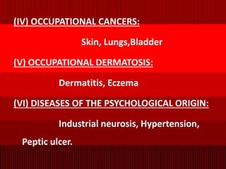 (IV) OCCUPATIONAL CANCERS:
Skin, Lungs,Bladder
(V) OCCUPATIONAL DERMATOSIS:
Dermatitis, Eczema
(VI) DISEASES OF THE PSYCHOLOGICAL ORIGIN:
Industrial neurosis, Hypertension,
Peptic ulcer.
 