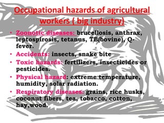 Occupational hazards of agricultural
workers ( big industry)
• Zoonotic diseases: brucellosis, anthrax,
leptospirosis, tetanus, TB(bovine), Q-
fever.
• Accidents: insects, snake bite
• Toxic hazards: fertilizers, insecticides or
pesticides.
• Physical hazard: extreme temperature,
humidity, solar radiation.
• Respiratory diseases: grains, rice husks,
coconut fibers, tea, tobacco, cotton,
hay,wood.
 