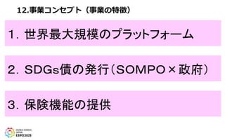 12.事業コンセプト（事業の特徴）
１．世界最大規模のプラットフォーム
２．ＳＤＧｓ債の発行（ＳＯＭＰＯ×政府）
３．保険機能の提供
 