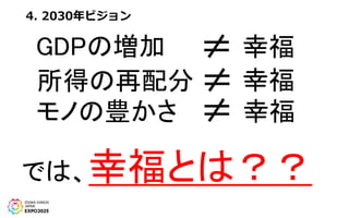 4. 2030年ビジョン
GDPの増加
所得の再配分
幸福
幸福
モノの豊かさ 幸福
では、幸福とは？？
≠
≠
≠
 