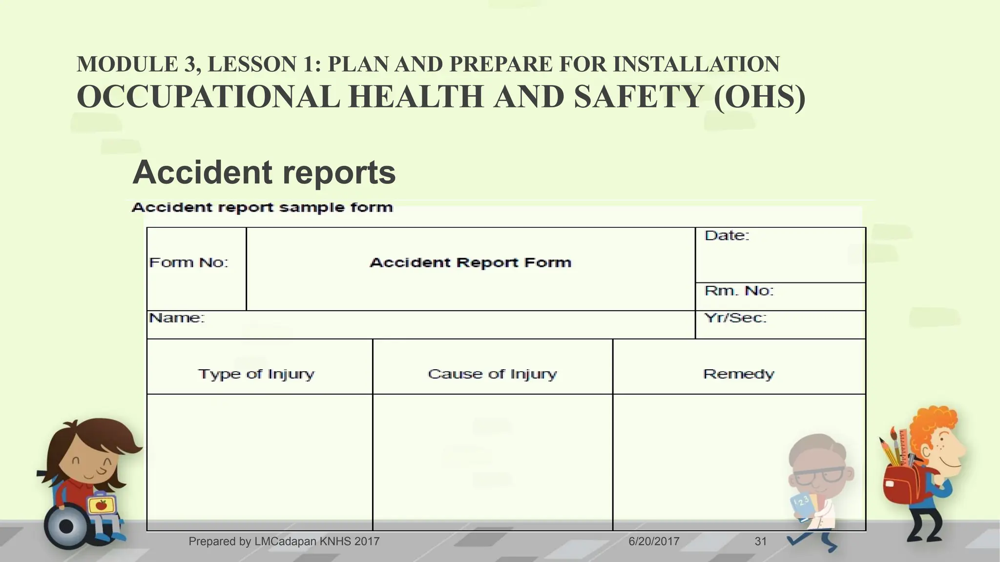 MODULE 3, LESSON 1: PLAN AND PREPARE FOR INSTALLATION
OCCUPATIONAL HEALTH AND SAFETY (OHS)
Accident reports
Prepared by LMCadapan KNHS 2017 6/20/2017 31
 