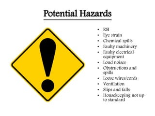 Potential Hazards
• RSI
• Eye strain
• Chemical spills
• Faulty machinery
• Faulty electrical
equipment
• Loud noises
• Obstructions and
spills
• Loose wires/cords
• Ventilation
• Slips and falls
• Housekeeping not up
to standard
 