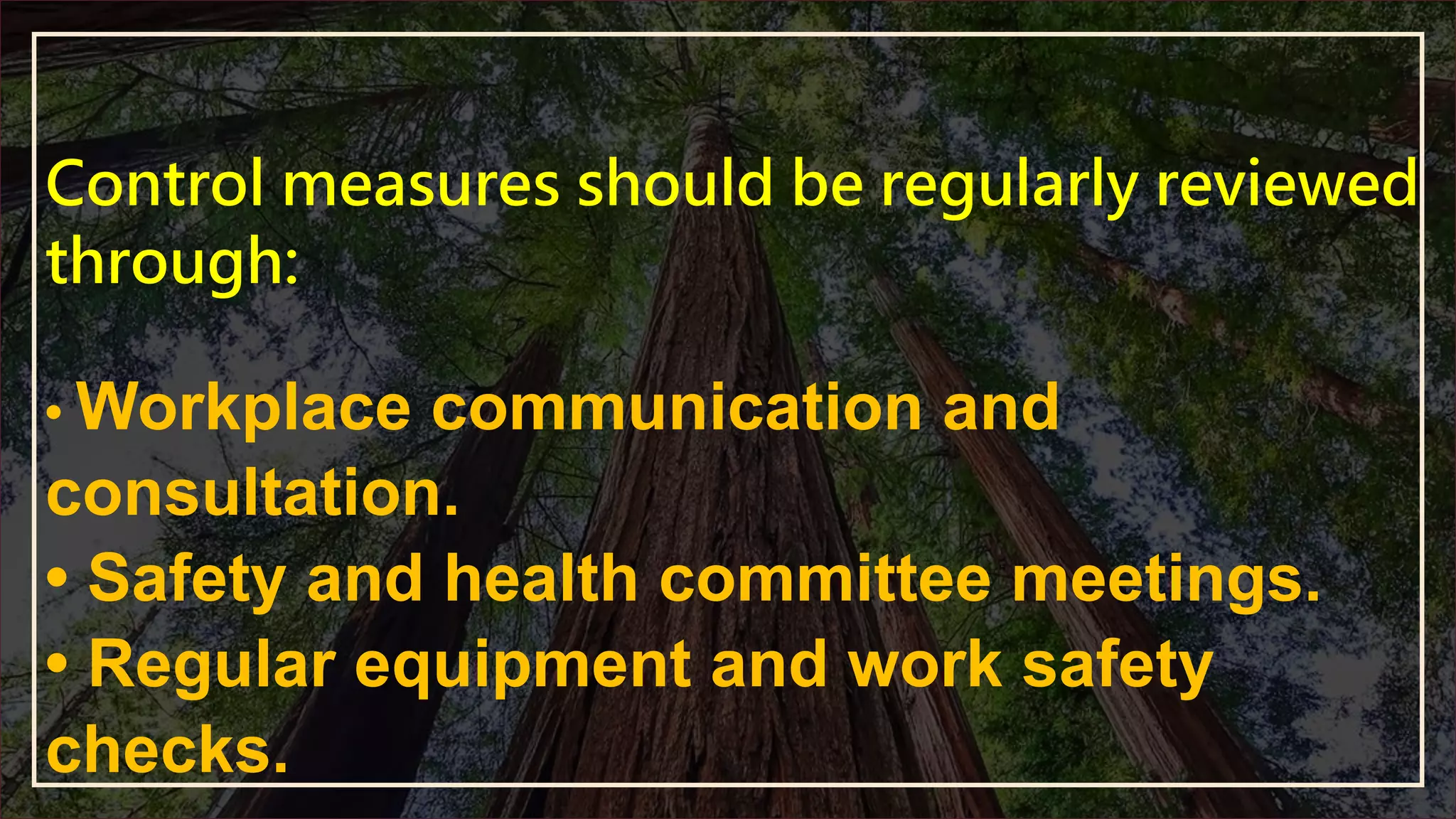 Control measures should be regularly reviewed
through:
• Workplace communication and
consultation.
• Safety and health committee meetings.
• Regular equipment and work safety
checks.
 