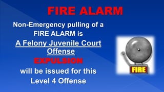 Non-Emergency pulling of a
FIRE ALARM is
A Felony Juvenile Court
Offense
EXPULSION
will be issued for this
Level 4 Offense
 