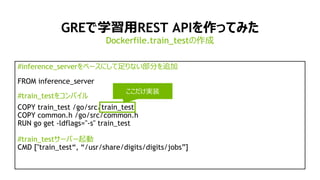 15
GREで学習用REST APIを作ってみた
#inference_serverをベースにして足りない部分を追加
FROM inference_server
#train_testをコンパイル
COPY train_test /go/src/train_test
COPY common.h /go/src/common.h
RUN go get -ldflags="-s" train_test
#train_testサーバー起動
CMD ["train_test“, “/usr/share/digits/digits/jobs”]
Dockerfile.train_testの作成
ここだけ実装
 