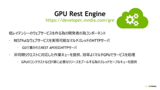 11
GPU Rest Engine
低レイテンシーのウェブサービスを作る為の開発者の為コンポーネント
• RESTfulなウェブサービスを実現可能なマルチスレッドのHTTPサーバ
• GOで書かれたREST API対応HTTPサーバ
• 非同期リクエストに対応した作業キューを提供、効率よくマルチGPUでサービスを処理
• GPUのコンテクストなど計算に必要なリソースをプールする為のスレッドセーフなキューを提供
https://developer.nvidia.com/gre
 