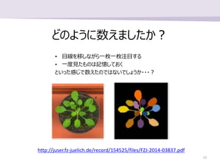 どのように数えましたか？
http://juser.fz-juelich.de/record/154525/files/FZJ-2014-03837.pdf
• 目線を移しながら一枚一枚注目する
• 一度見たものは記憶しておく
といった感じで数えたのではないでしょうか・・・？
15
 