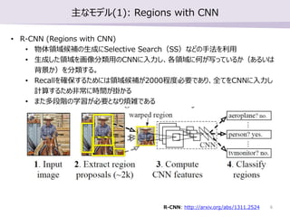 主なモデル(1): Regions with CNN
• R-CNN (Regions with CNN)
• 物体領域候補の生成にSelective Search（SS）などの手法を利用
• 生成した領域を画像分類用のCNNに入力し、各領域に何が写っているか（あるいは
背景か）を分類する。
• Recallを確保するためには領域候補が2000程度必要であり、全てをCNNに入力し
計算するため非常に時間が掛かる
• また多段階の学習が必要となり煩雑である
R-CNN: http://arxiv.org/abs/1311.2524 6
 