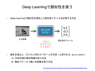 Deep Learningで類似性を扱う
• Deep Learningで類似性を保持した固定長ベクトルを計算する方法
入力画像
何らかの
モデル
0.5
-0.3
0.8
固定長のベクトル
これ(↑)
どうやって
つくるの？
• 論文を漁ると...