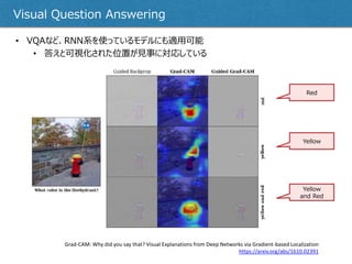 • VQAなど、RNN系を使っているモデルにも適用可能
• 答えと可視化された位置が見事に対応している
Visual Question Answering
Grad-CAM: Why did you say that? Visual Expla...