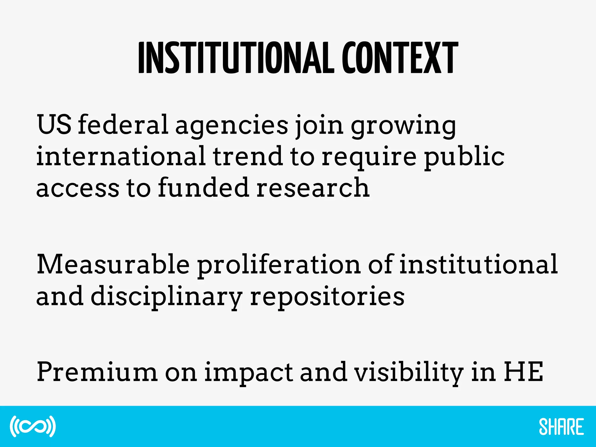 INSTITUTIONALCONTEXT
US federal agencies join growing
international trend to require public
access to funded research
Measurable proliferation of institutional
and disciplinary repositories
Premium on impact and visibility in HE
 