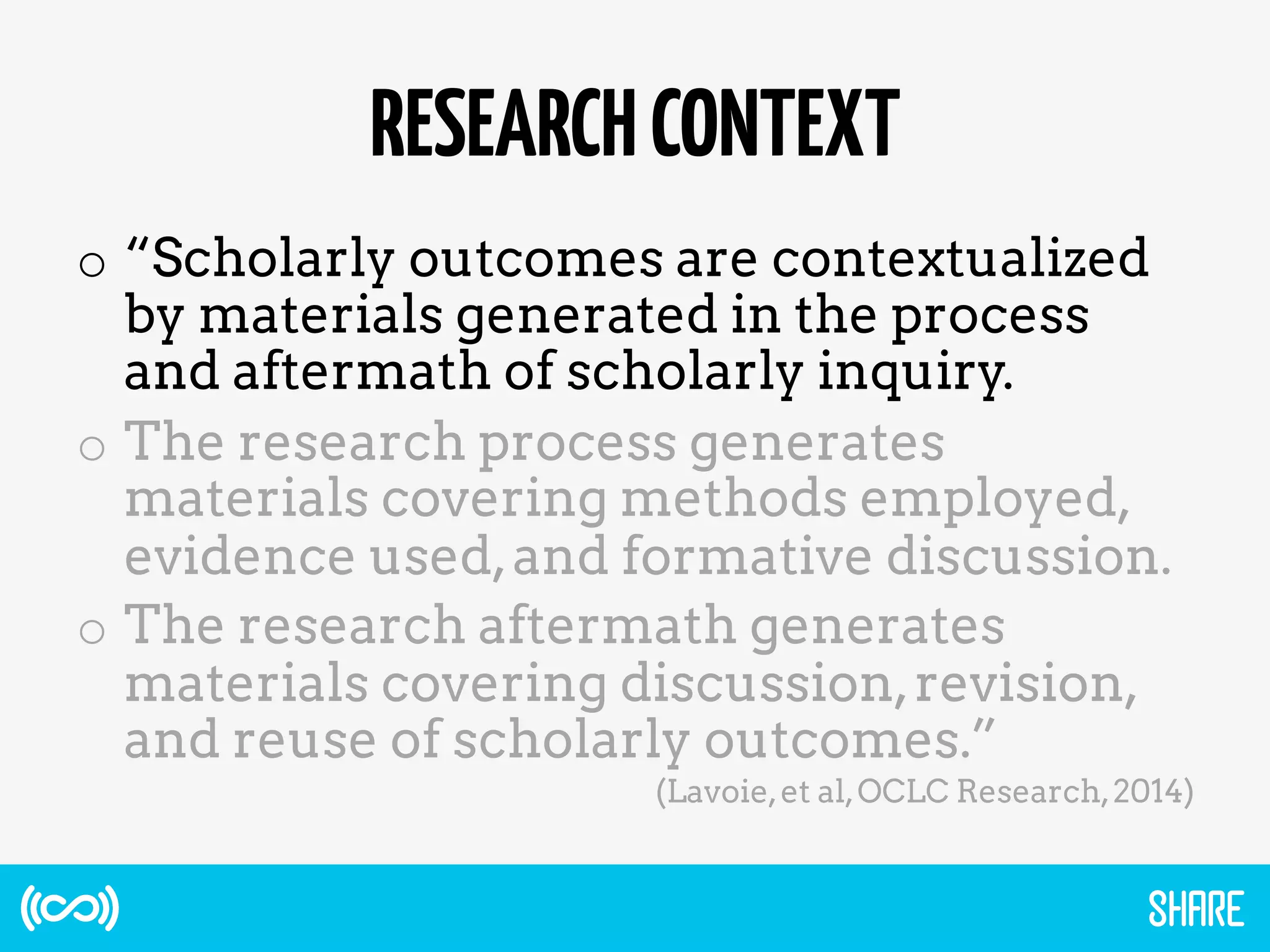 RESEARCHCONTEXT
o  “Scholarly outcomes are contextualized
by materials generated in the process
and aftermath of scholarly inquiry.
o  The research process generates
materials covering methods employed,
evidence used,and formative discussion.
o  The research aftermath generates
materials covering discussion,revision,
and reuse of scholarly outcomes.”
(Lavoie,et al,OCLC Research,2014)
 