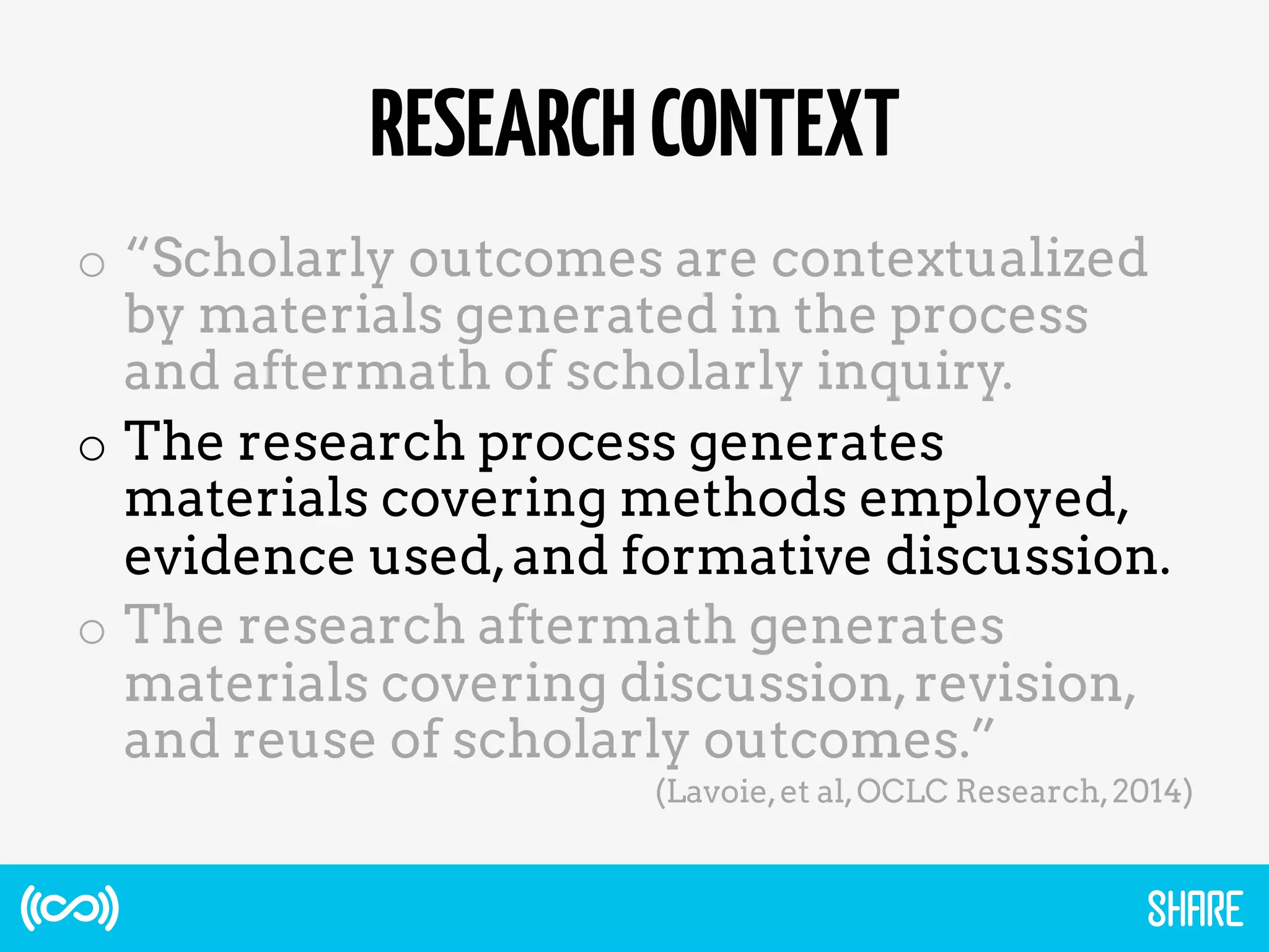 RESEARCHCONTEXT
o  “Scholarly outcomes are contextualized
by materials generated in the process
and aftermath of scholarly inquiry.
o  The research process generates
materials covering methods employed,
evidence used,and formative discussion.
o  The research aftermath generates
materials covering discussion,revision,
and reuse of scholarly outcomes.”
(Lavoie,et al,OCLC Research,2014)
 