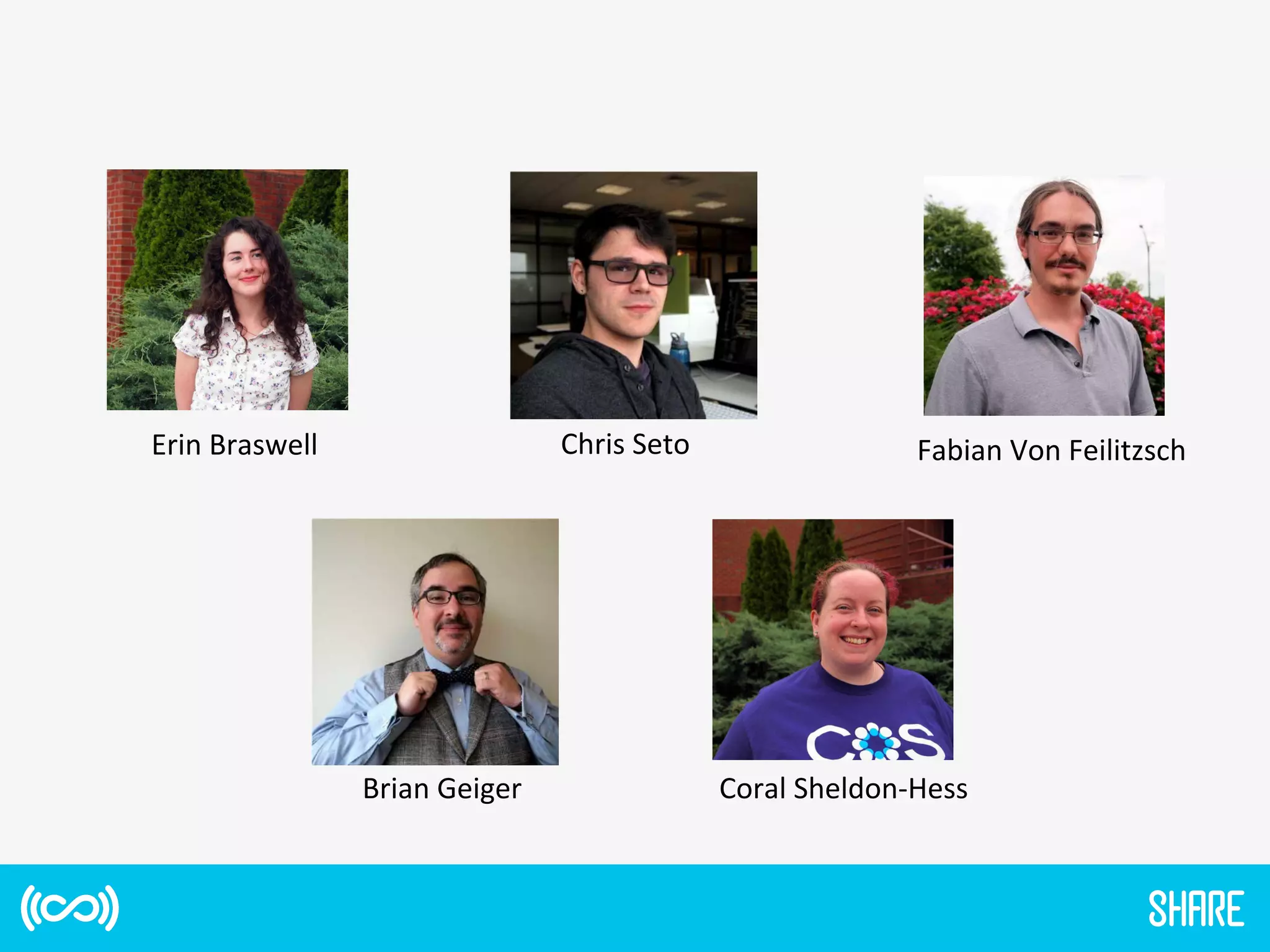 Brian	
  Geiger	
  
Chris	
  Seto	
  
Coral	
  Sheldon-­‐Hess	
  
Erin	
  Braswell	
   Fabian	
  Von	
  Feilitzsch	
  
 