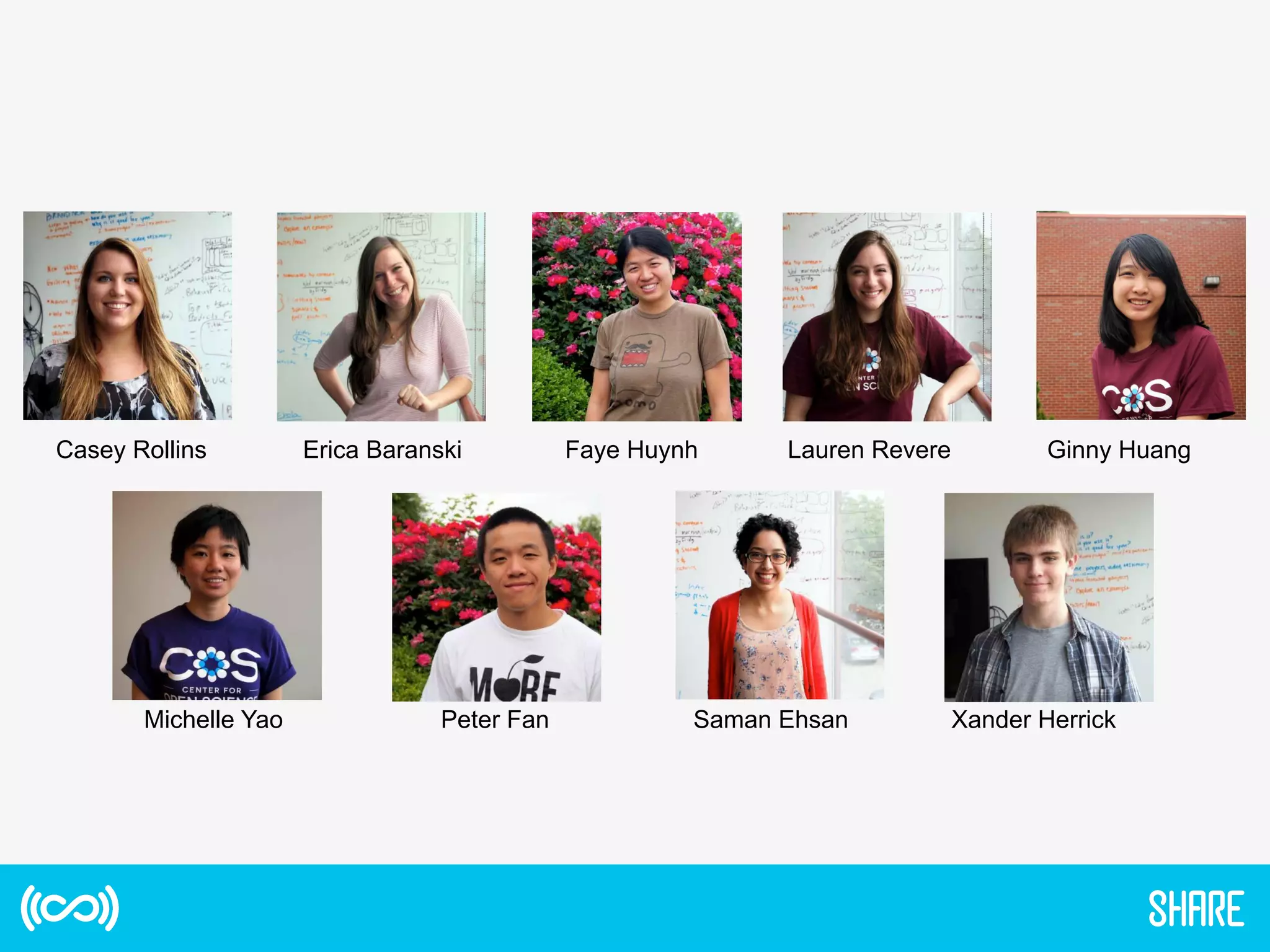 Casey Rollins Erica Baranski Faye Huynh 	
   Lauren Revere Ginny Huang
Michelle Yao Peter Fan Saman Ehsan Xander Herrick
 