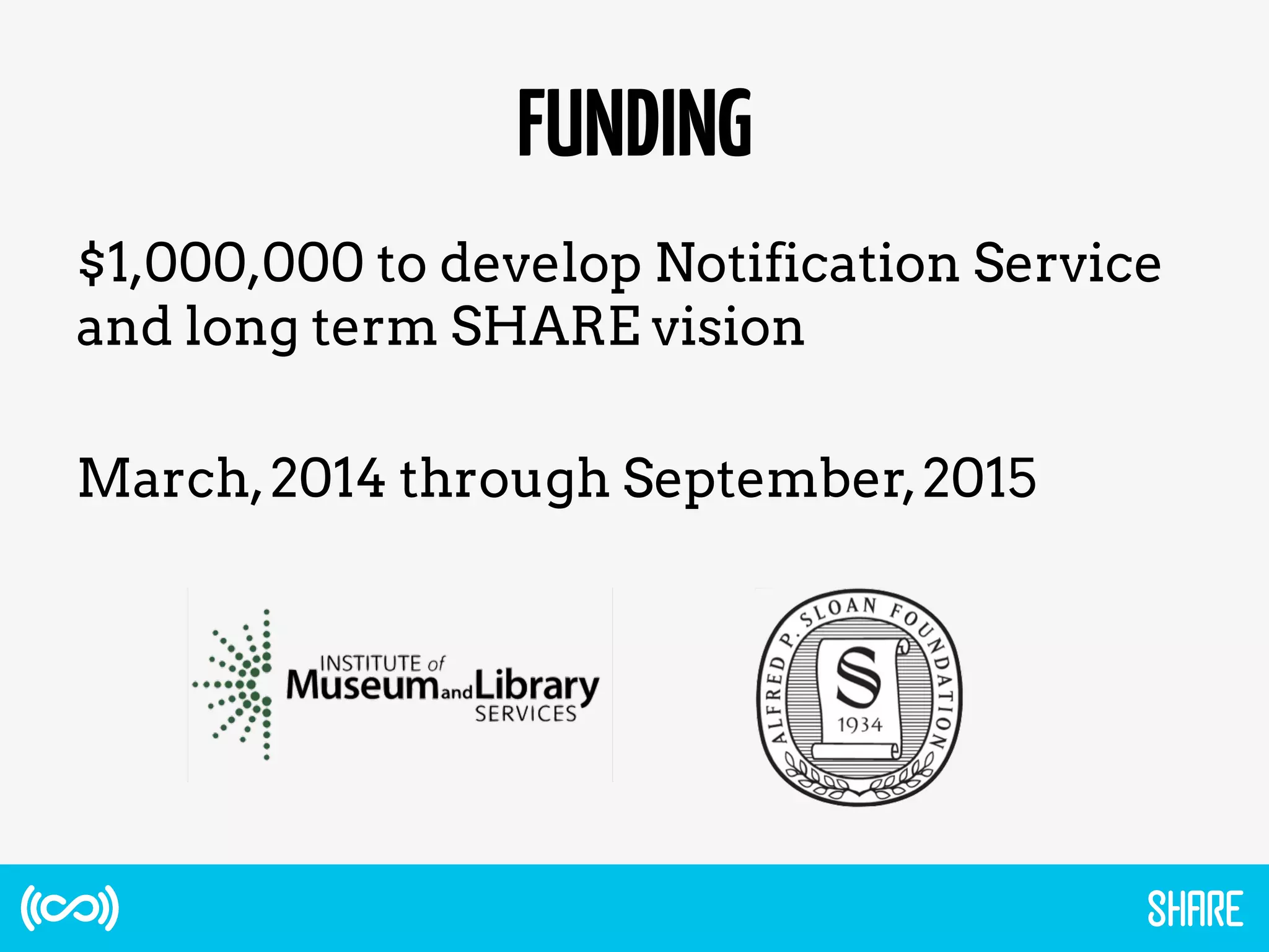 FUNDING
$1,000,000 to develop Notification Service
and long term SHARE vision
March,2014 through September,2015
 