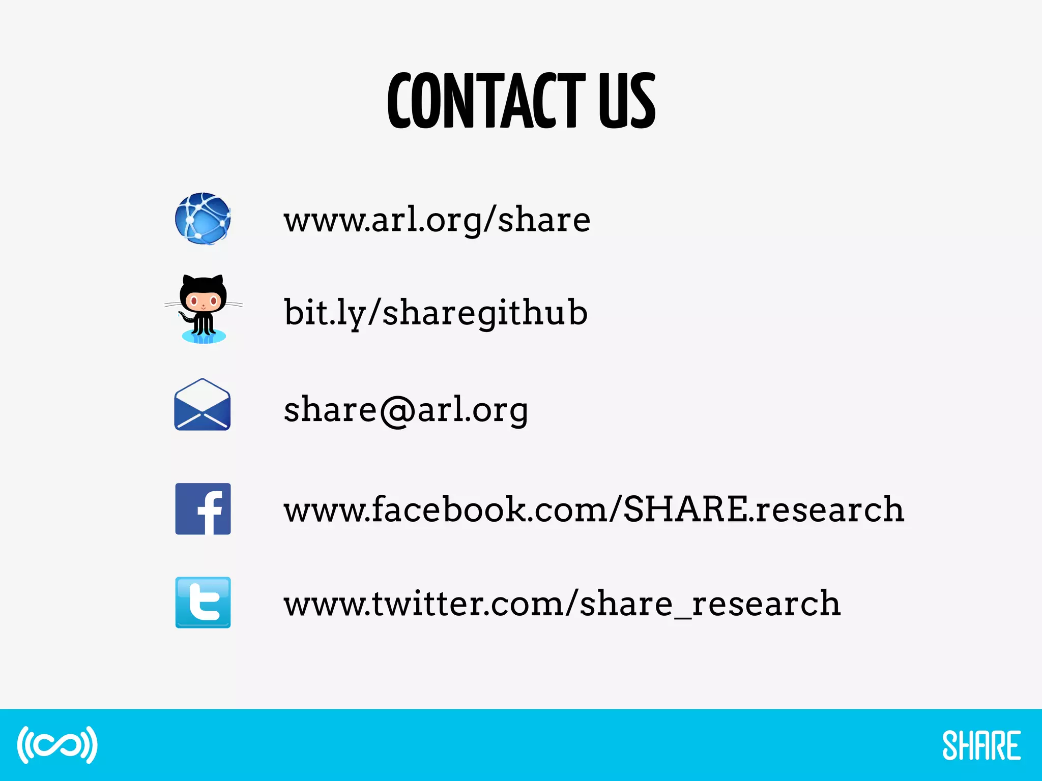 CONTACTUS
www.arl.org/share
www.facebook.com/SHARE.research
www.twitter.com/share_research
share@arl.org
bit.ly/sharegithub
 