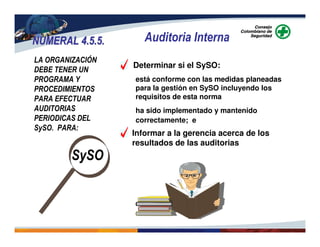 NUMERAL 4.5.5.NUMERAL 4.5.5. Auditoria Interna
LA ORGANIZACIÓN
DEBE TENER UN
PROGRAMA Y
PROCEDIMIENTOS
PARA EFECTUAR
AUDITORIAS
PERIODICAS DEL
SySO. PARA:
está conforme con las medidas planeadas
para la gestión en SySO incluyendo los
requisitos de esta norma
ha sido implementado y mantenido
correctamente; e
SySO
Informar a la gerencia acerca de los
resultados de las auditorias
Determinar si el SySO:
 
