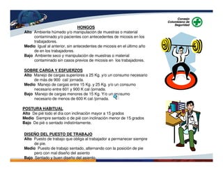 SOBRE CARGA Y ESFUERZOS
Alto Manejo de cargas superiores a 25 Kg. y/o un consumo necesario
de más de 900 cal/ jornada.
Medio Manejo de cargas entre 15 Kg. y 25 Kg. y/o un consumo
necesario entre 601 y 900 K cal /jornada.
Bajo Manejo de cargas menores de 15 Kg. Y/o un consumo
necesario de menos de 600 K cal /jornada.
DISEÑO DEL PUESTO DE TRABAJO
Alto Puesto de trabajo que obliga al trabajador a permanecer siempre
de pie.
Medio Puesto de trabajo sentado, alternando con la posición de pie
pero con mal diseño del asiento
Bajo Sentado y buen diseño del asiento.
HONGOS
Alto Ambiente húmedo y/o manipulación de muestras o material
contaminado y/o pacientes con antecedentes de micosis en los
trabajadores.
Medio Igual al anterior, sin antecedentes de micosis en el último año
de en los trabajadores.
Bajo Ambiente seco y manipulación de muestras o material
contaminado sin casos previos de micosis en los trabajadores.
POSTURA HABITUAL
Alto De pié todo el día con inclinación mayor a 15 grados
Medio Siempre sentado o de pié con inclinación menor de 15 grados
Bajo De pié o sentado indistintamente.
 