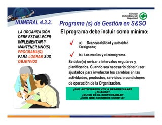 NUMERAL 4.3.3.NUMERAL 4.3.3. Programa (s) de Gestión en S&SO
LA ORGANIZACIÓN
DEBE ESTABLECER
IMPLEMENTAR Y
MANTENER UNO(S)
PROGRAMA(S)
PARA LOGRAR SUS
OBJETIVOS
a) Responsabilidad y autoridad
Designada;
b) Los medios y el cronograma.
El programa debe incluir como mínimo:
Se debe(n) revisar a intervalos regulares y
planificados. Cuando sea necesario debe(n) ser
ajustados para involucrar los cambios en las
actividades, productos, servicios o condiciones
de operación de la Organización.
¿QUE ACTIVIDADES VOY A DESARROLLAR?¿QUE ACTIVIDADES VOY A DESARROLLAR?¿QUE ACTIVIDADES VOY A DESARROLLAR?¿QUE ACTIVIDADES VOY A DESARROLLAR?
¿CUANDO?¿CUANDO?¿CUANDO?¿CUANDO?
¿QUIEN ES EL RESPONSABLE?¿QUIEN ES EL RESPONSABLE?¿QUIEN ES EL RESPONSABLE?¿QUIEN ES EL RESPONSABLE?
¿CON QUE RECURSOS CUENTA?¿CON QUE RECURSOS CUENTA?¿CON QUE RECURSOS CUENTA?¿CON QUE RECURSOS CUENTA?
 