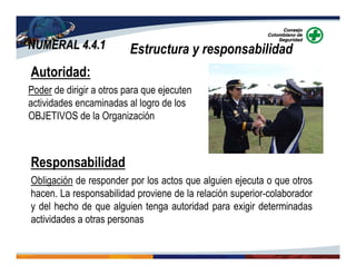 NUMERAL 4.4.1NUMERAL 4.4.1 Estructura y responsabilidad
Autoridad:
Poder de dirigir a otros para que ejecuten
actividades encaminadas al logro de los
OBJETIVOS de la Organización
Obligación de responder por los actos que alguien ejecuta o que otros
hacen. La responsabilidad proviene de la relación superior-colaborador
y del hecho de que alguien tenga autoridad para exigir determinadas
actividades a otras personas
Responsabilidad
 