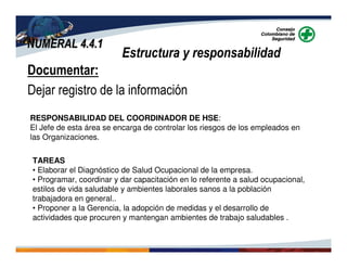 NUMERAL 4.4.1NUMERAL 4.4.1
Estructura y responsabilidad
Documentar:
Dejar registro de la información
RESPONSABILIDAD DEL COORDINADOR DE HSE:
El Jefe de esta área se encarga de controlar los riesgos de los empleados en
las Organizaciones.
TAREAS
• Elaborar el Diagnóstico de Salud Ocupacional de la empresa.
• Programar, coordinar y dar capacitación en lo referente a salud ocupacional,
estilos de vida saludable y ambientes laborales sanos a la población
trabajadora en general..
• Proponer a la Gerencia, la adopción de medidas y el desarrollo de
actividades que procuren y mantengan ambientes de trabajo saludables .
 