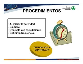 • Al iniciar la actividad
• Siempre
• Una sola vez es suficiente
• Definir la frecuencia.
• Al iniciar la actividad
• Siempre
• Una sola vez es suficiente
• Definir la frecuencia.
PROCEDIMIENTOS
CUANDO VOY A
CONTROLAR?
 