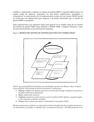establecer, implementar o mejorar un sistema de gestión S&SO. La gestión S&SO incluye un
amplio rango de aspectos, incluyendo los que tienen implicaciones estratégicas y
competitivas. La demostración de la implementación exitosa de esta norma OHSAS puede
ser usada por una organización para asegurar a las partes interesadas que el sistema de
gestión S&SO es apropiado.
Estas organizaciones que requieren mayor guía general en un amplio rango de los asuntos
del sistema de gestión S&SO están referidos a OHSAS 18002. Cualquier referencia a otras
normas internacionales es por información solamente.
Figura 1. MODELO DEL SISTEMA DE GESTION S&SO PARA ESTA NORMA OHSAS
NOTA Esta norma OHSAS está basada en la metodología conocida como Planear- Hacer- Verificar -
Actuar (PHVA). PHVA puede ser descrita brevemente a continuación:
• Planear: establecer los objetivos y procesos necesarios para entregar resultados de acuerdo con
la política S&SO de la organización.
• Hacer: implementar el proceso
• Verificar: monitorear y medir el proceso contra la política S&SO, objetivos, requisitos legales
y otros requisitos, y reportar resultados.
• Actuar: tomar acciones para mejorar continuamente el desempeño S&SO.
Muchas organizaciones gestionan sus operaciones a través de la aplicación de un sistema de procesos y
sus interacciones, que pueden ser referidos como “acercamiento al proceso”. ISO 9001 promueve el uso
 