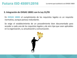 3. Integración de OHSAS 18001 con la Ley 31/95
En OHSAS 18001 el cumplimiento de los requisitos legales es un requisito
no...