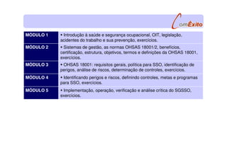 Implementação, operação, verificação e análise crítica do SGSSO,
exercícios.
MÓDULO 5
Identificando perigos e riscos, definindo controles, metas e programas
para SSO, exercícios.
MÓDULO 4
OHSAS 18001: requisitos gerais, política para SSO, identificação de
perigos, análise de riscos, determinação de controles, exercícios.
MÓDULO 3
Sistemas de gestão, as normas OHSAS 18001/2, benefícios,
certificação, estrutura, objetivos, termos e definições da OHSAS 18001,
exercícios.
MÓDULO 2
Introdução à saúde e segurança ocupacional, OIT, legislação,
acidentes do trabalho e sua prevenção, exercícios.
MÓDULO 1
 