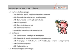 Norma OHSAS 18001: 2007 - Índice
4.4 - Implementação e operação
4.4.1 - Recursos, papéis, responsabilidades e autoridades
4.4.2 - Competência, treinamento e conscientização
4.4.3 - Comunicação, participação e orientação
4.4.4 - Documentação
4.4.5 - Controle de documentos
4.4.6 - Controle operacional
4.4.7 - Preparação e respostas a emergências
4.5 - Verificação
4.5.1- Monitoramento e medição de desempenho
4.5.2 - Avaliação do atendimento a requisitos legais e outros
4.5.3 - Investigação de incidentes, não-conformidades, ação corretiva e ação preventiva
4.5.4 - Controle de registros
4.5.5 - Auditoria interna
4.6 - Análise crítica pela administração
 