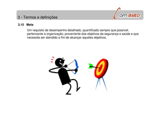 3 - Termos e definições
3.15 Meta
Um requisito de desempenho detalhado, quantificado sempre que possível,
pertencente à organização, proveniente dos objetivos da segurança e saúde e que
necessita ser atendido a fim de alcançar aqueles objetivos.
 