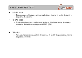 A Série OHSAS 18001:2007
OHSAS 18001
Descreve os requisitos para a implantação de um sistema de gestão de saúde e
segurança do trabalho.
OHSAS 18002
Fornece diretrizes para a implementação de um sistema de gestão de saúde e
segurança do trabalho com base na OHSAS 18001.
ISO 19011
Fornece diretrizes sobre auditoria de sistemas de gestão da qualidade e sistema
de gestão ambiental.
 