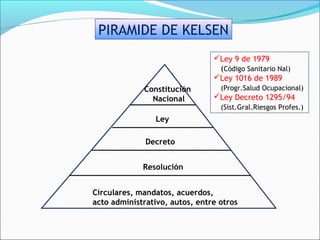 PIRAMIDE DE KELSEN
                                Ley 9 de 1979
                                 (Código Sanitario Nal)
                                Ley 1016 de 1989
             Constitución         (Progr.Salud Ocupacional)
               Nacional         Ley Decreto 1295/94
                                  (Sist.Gral.Riesgos Profes.)
                Ley

              Decreto


             Resolución


Circulares, mandatos, acuerdos,
acto administrativo, autos, entre otros
 