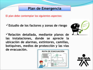Plan de Emergencia
El plan debe contemplar los siguientes aspectos:


Estudio de los factores y zonas de riesgo

Relación detallada, mediante planos de
las instalaciones, donde se aprecie la
ubicación de alarmas, extintores, camillas,
botiquines, medios de protección y las vías
de evacuación.
 