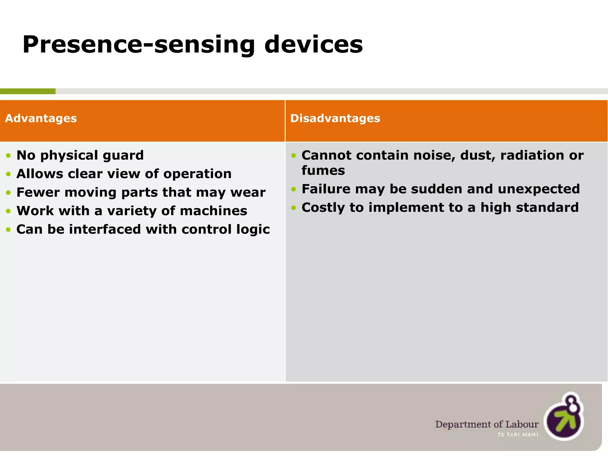 Presence-sensing devices   Advantages  Disadvantages  No physical guard Allows clear view of operation Fewer moving parts that may wear Work with a variety of machines Can be interfaced with control logic Cannot contain noise, dust, radiation or fumes Failure may be sudden and unexpected Costly to implement to a high standard 