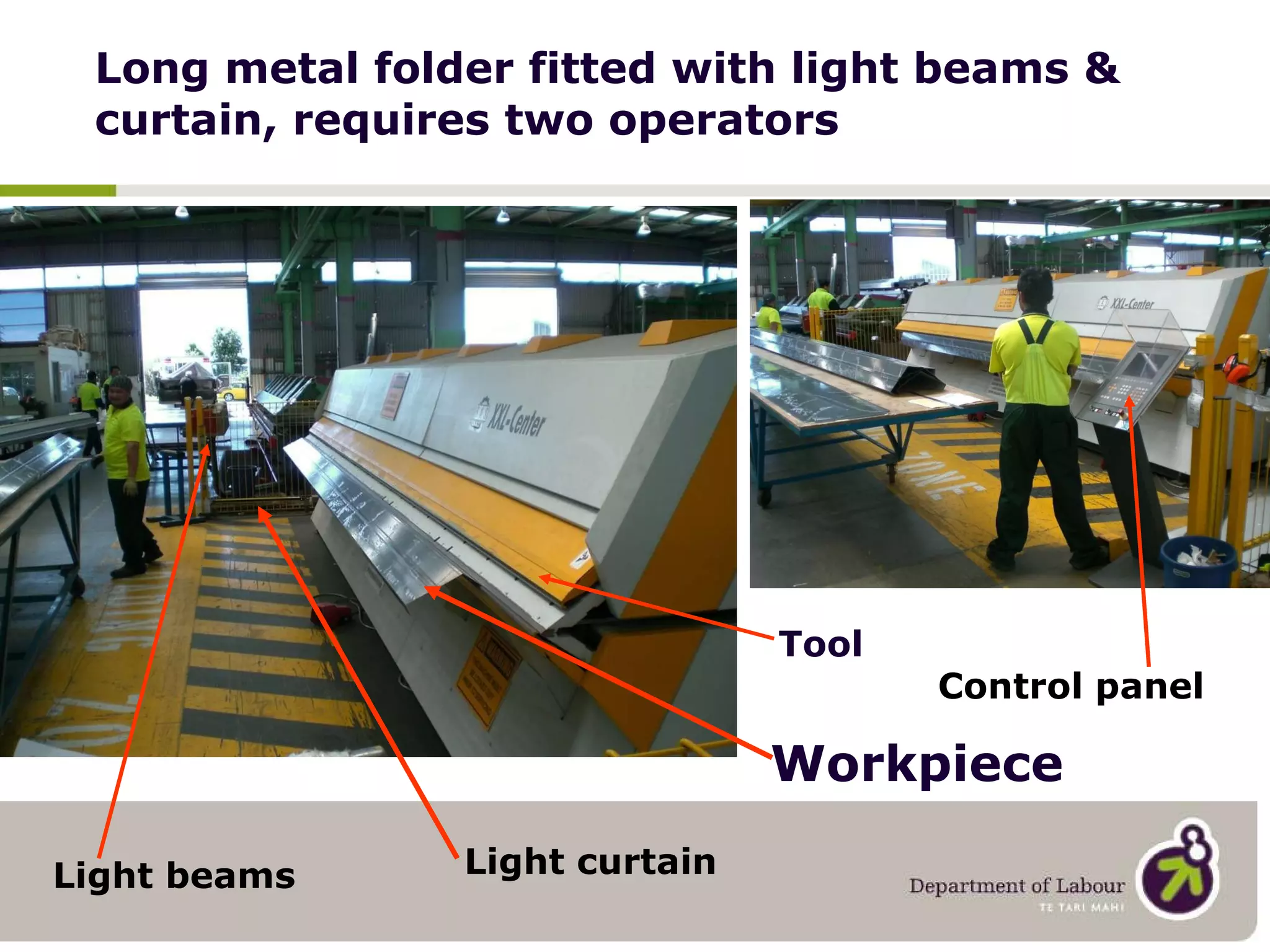 Long metal folder fitted with light beams & curtain, requires two operators  Workpiece Light beams Control panel Light curtain Tool 