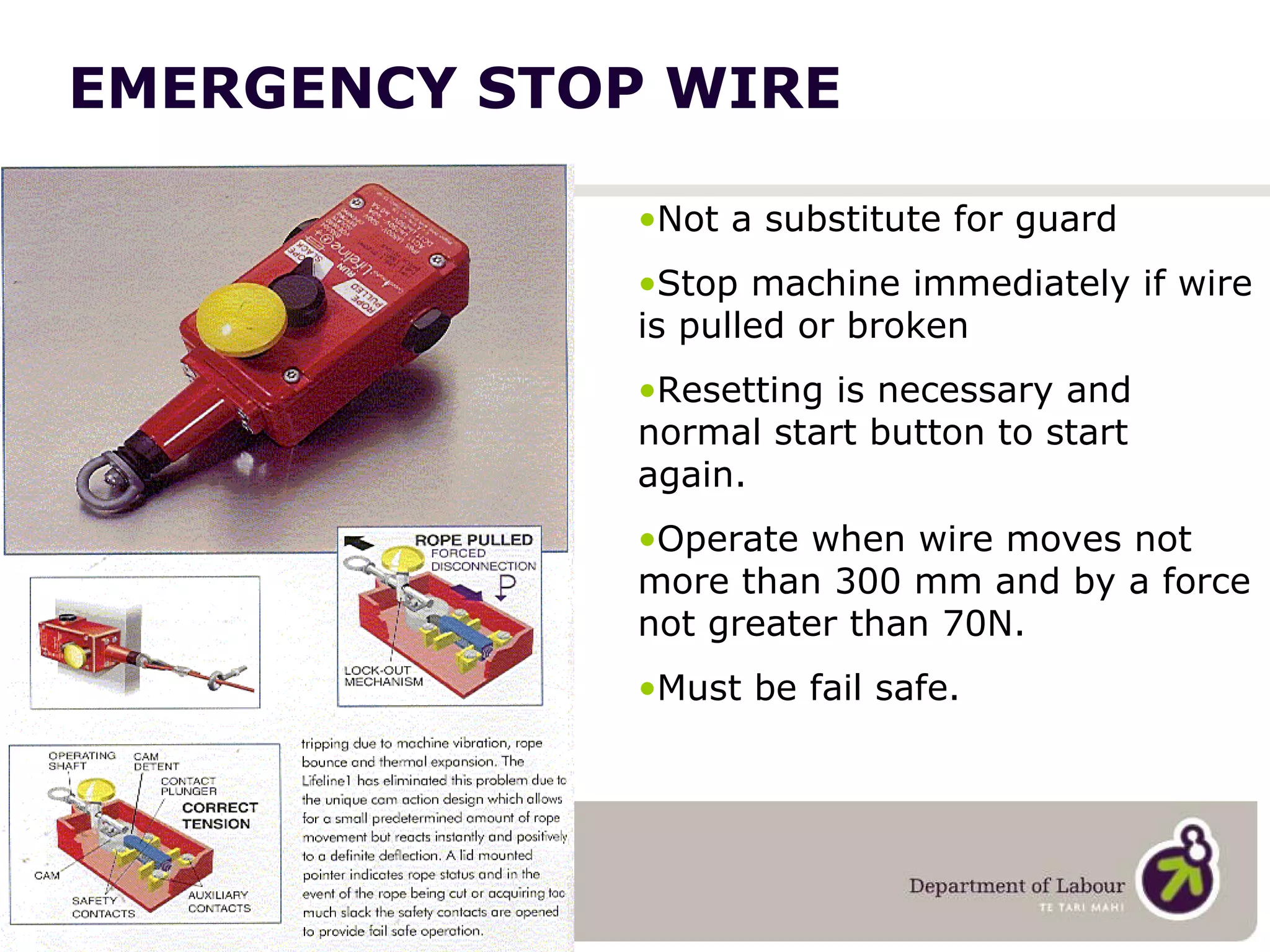 EMERGENCY STOP WIRE Not a substitute for guard Stop machine immediately if wire is pulled or broken Resetting is necessary and normal start button to start  again. Operate when wire moves not more than 300 mm and by a force not greater than 70N. Must be fail safe. 