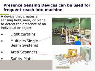 Presence Sensing Devices can be used for frequent reach into machine A device that creates a sensing field, area, or plane to detect the presence of an individual or object Light curtains Multiple/Single  Beam Systems Area Scanners Safety Mats 