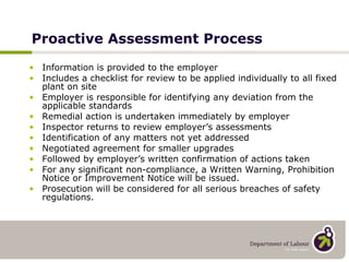 Proactive Assessment Process Information is provided to the employer Includes a checklist for review to be applied individually to all fixed plant on site Employer is responsible for identifying any deviation from the applicable standards Remedial action is undertaken immediately by employer Inspector returns to review employer’s assessments Identification of any matters not yet addressed Negotiated agreement for smaller upgrades Followed by employer’s written confirmation of actions taken For any significant non-compliance, a Written Warning, Prohibition Notice or Improvement Notice will be issued. Prosecution will be considered for all serious breaches of safety regulations. 
