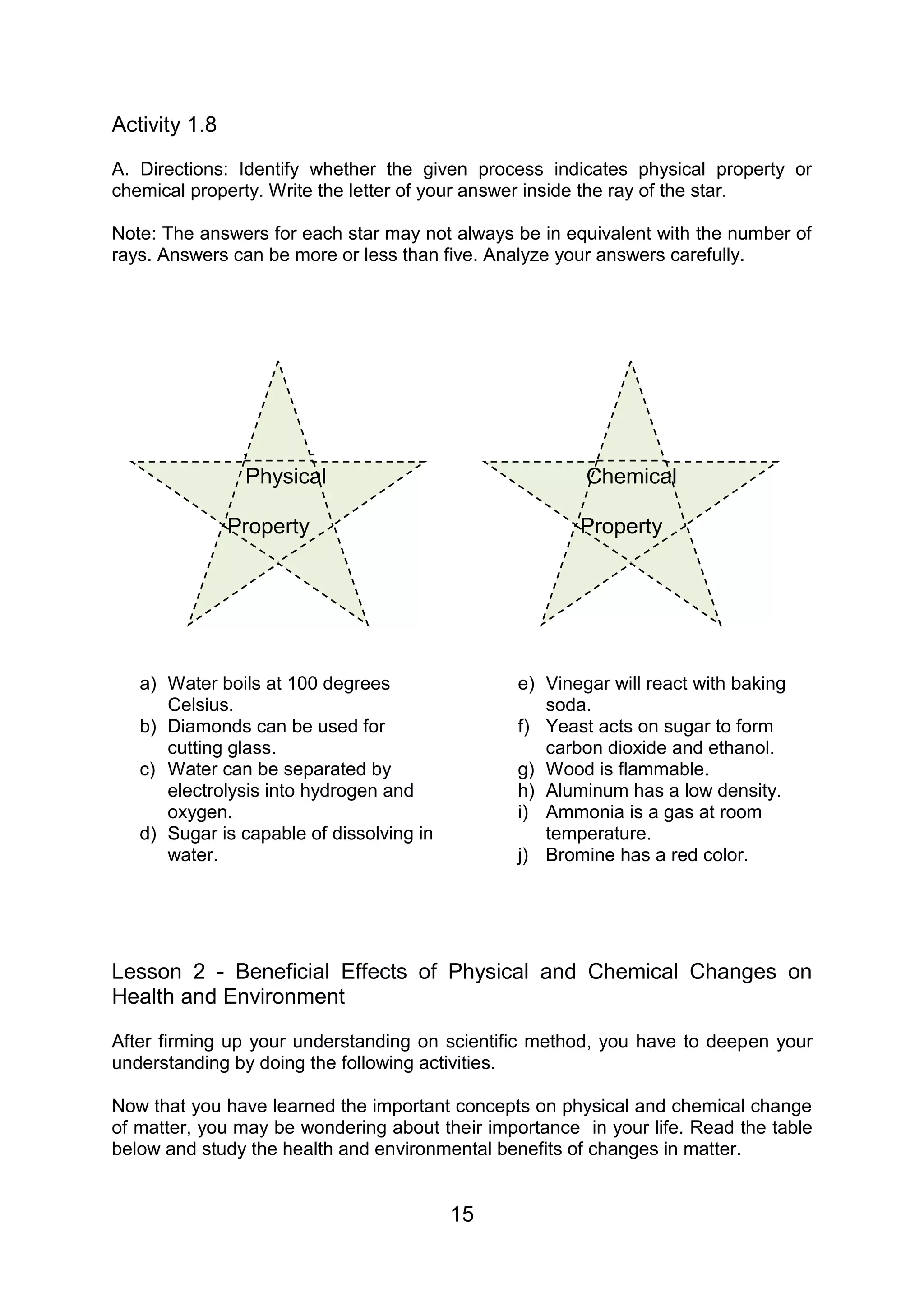Activity 1.8
A. Directions: Identify whether the given process indicates physical property or
chemical property. Write the letter of your answer inside the ray of the star.

Note: The answers for each star may not always be in equivalent with the number of
rays. Answers can be more or less than five. Analyze your answers carefully.




                Physical                                Chemical

               Property                                Property




   a) Water boils at 100 degrees                e) Vinegar will react with baking
      Celsius.                                     soda.
   b) Diamonds can be used for                  f) Yeast acts on sugar to form
      cutting glass.                               carbon dioxide and ethanol.
   c) Water can be separated by                 g) Wood is flammable.
      electrolysis into hydrogen and            h) Aluminum has a low density.
      oxygen.                                   i) Ammonia is a gas at room
   d) Sugar is capable of dissolving in            temperature.
      water.                                    j) Bromine has a red color.




Lesson 2 - Beneficial Effects of Physical and Chemical Changes on
Health and Environment

After firming up your understanding on scientific method, you have to deepen your
understanding by doing the following activities.

Now that you have learned the important concepts on physical and chemical change
of matter, you may be wondering about their importance in your life. Read the table
below and study the health and environmental benefits of changes in matter.


                                          15
 