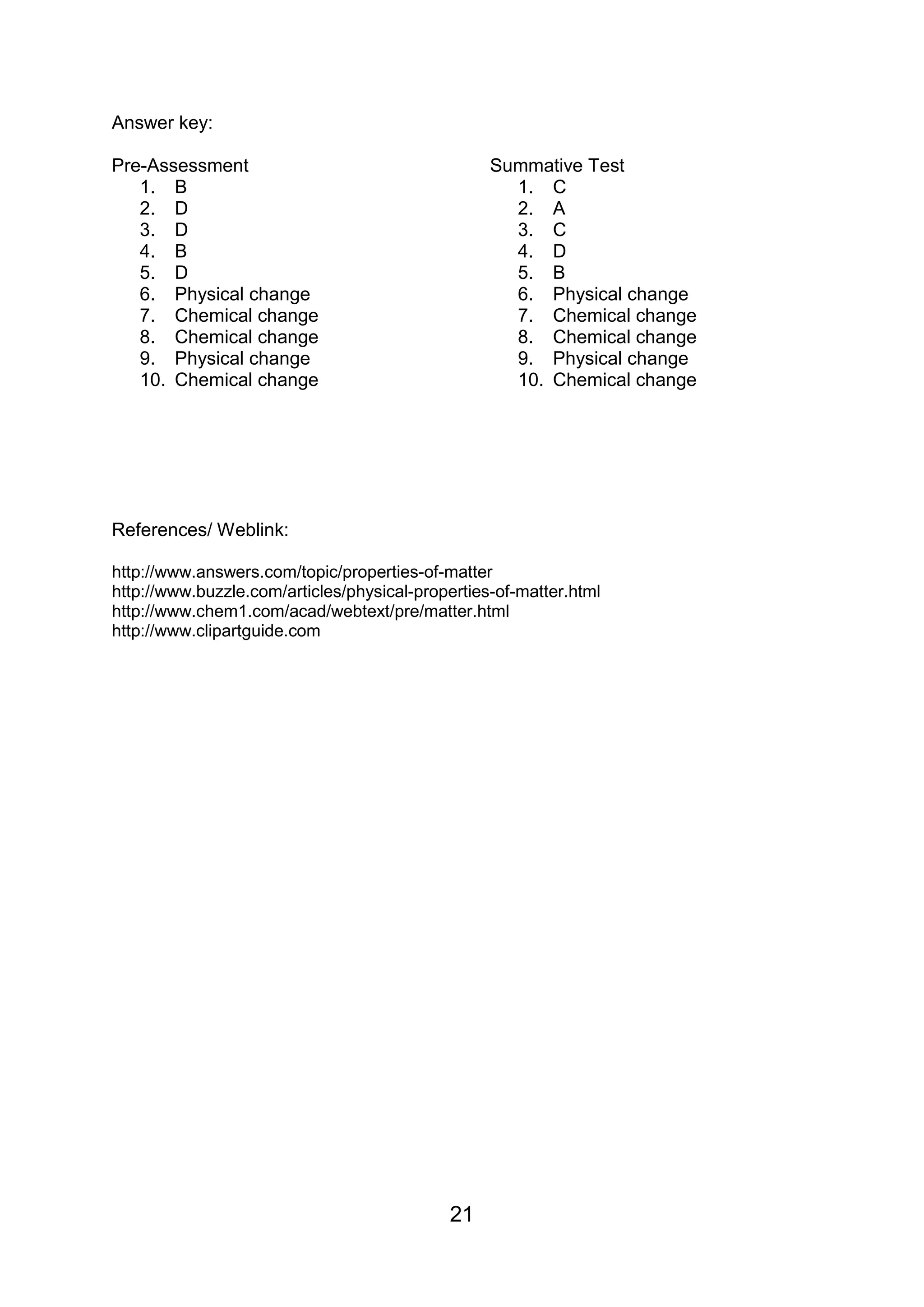 Answer key:

Pre-Assessment                                    Summative Test
   1. B                                             1. C
   2. D                                             2. A
   3. D                                             3. C
   4. B                                             4. D
   5. D                                             5. B
   6. Physical change                               6. Physical change
   7. Chemical change                               7. Chemical change
   8. Chemical change                               8. Chemical change
   9. Physical change                               9. Physical change
   10. Chemical change                              10. Chemical change




References/ Weblink:

http://www.answers.com/topic/properties-of-matter
http://www.buzzle.com/articles/physical-properties-of-matter.html
http://www.chem1.com/acad/webtext/pre/matter.html
http://www.clipartguide.com




                                            21
 