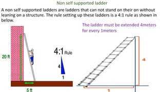 Non self supported ladder
A non self supported ladders are ladders that can not stand on their on without
leaning on a structure. The rule setting up these ladders is a 4:1 rule as shown in
below.
The ladder must be extended 4meters
for every 1meters
 