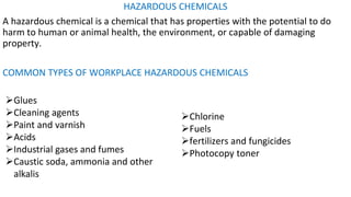 HAZARDOUS CHEMICALS
A hazardous chemical is a chemical that has properties with the potential to do
harm to human or animal health, the environment, or capable of damaging
property.
COMMON TYPES OF WORKPLACE HAZARDOUS CHEMICALS
➢Chlorine
➢Fuels
➢fertilizers and fungicides
➢Photocopy toner
➢Glues
➢Cleaning agents
➢Paint and varnish
➢Acids
➢Industrial gases and fumes
➢Caustic soda, ammonia and other
alkalis
 