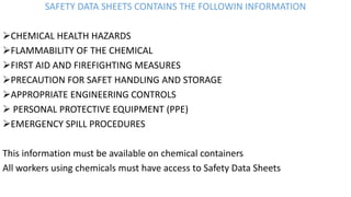 SAFETY DATA SHEETS CONTAINS THE FOLLOWIN INFORMATION
➢CHEMICAL HEALTH HAZARDS
➢FLAMMABILITY OF THE CHEMICAL
➢FIRST AID AND FIREFIGHTING MEASURES
➢PRECAUTION FOR SAFET HANDLING AND STORAGE
➢APPROPRIATE ENGINEERING CONTROLS
➢ PERSONAL PROTECTIVE EQUIPMENT (PPE)
➢EMERGENCY SPILL PROCEDURES
This information must be available on chemical containers
All workers using chemicals must have access to Safety Data Sheets
 